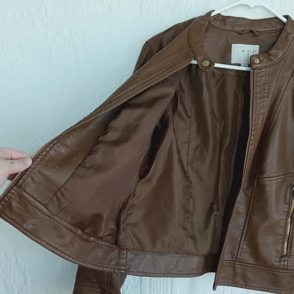A.nd Tan Leather Moto Jacket Brown Cropped Biker Classic Heavy Cool Zippers Larg - Picture 5 of 10